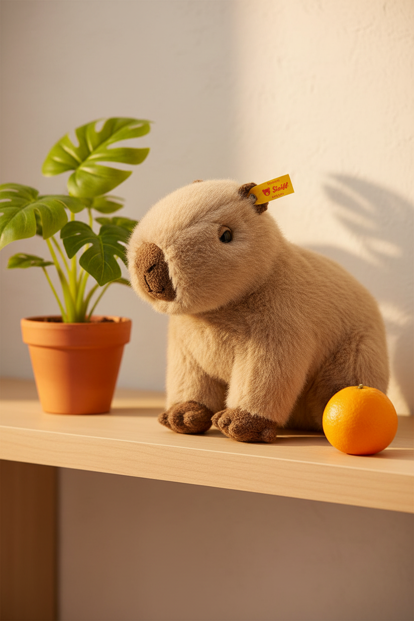Steiff Chip capybara plush soft toy lifestyle shot with tropical plants