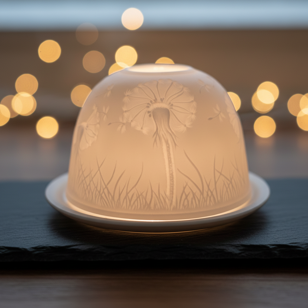 Dandelion porcelain lithophane dome tealight holder glowing warmly with dandelion etching illuminated