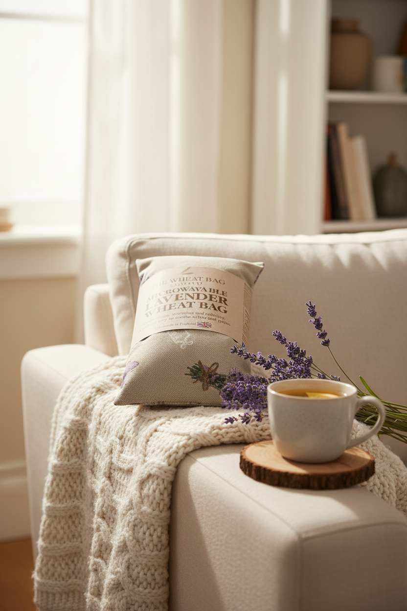 Lavender sprig print microwavable lavender wheat bag lifestyle cosy sofa setting