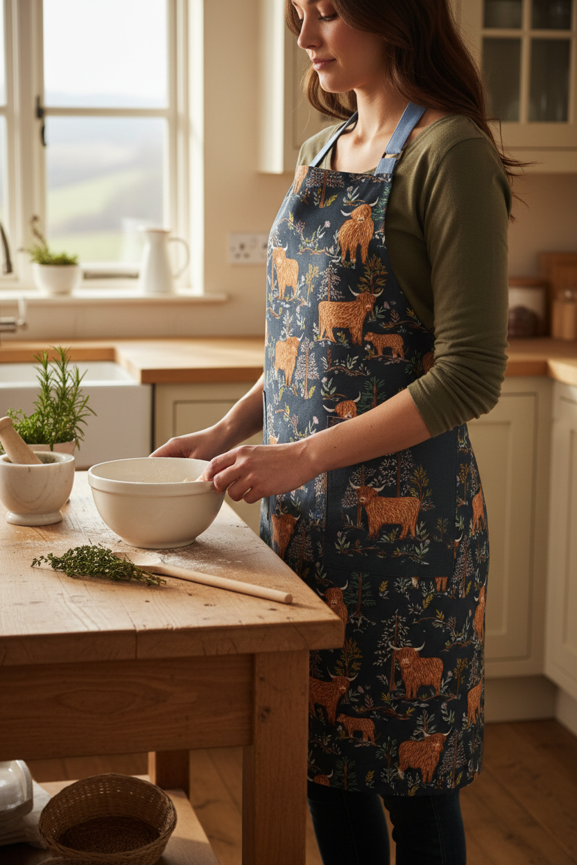 Ulster Weavers Highland Cow apron worn in a farmhouse kitchen lifestyle scene