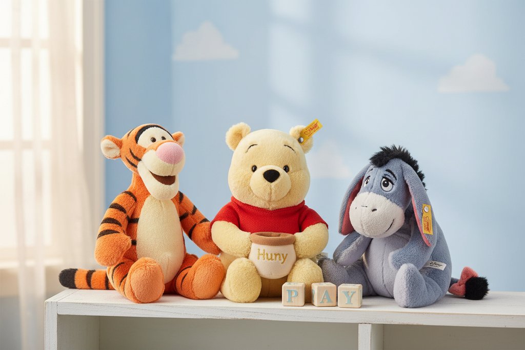 Steiff Winnie the Pooh, Tigger and Eeyore plush soft toys together on a nursery shelf