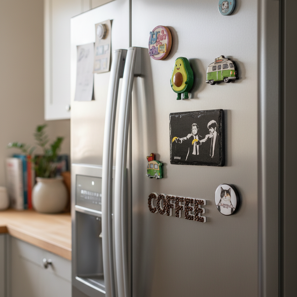 Banksy Pulp Fiction ceramic fridge magnet lifestyle shot on kitchen fridge