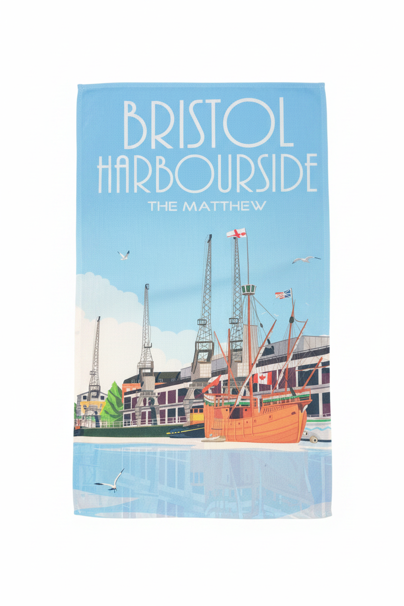 Bristol Harbourside The Matthew tea towel on white background