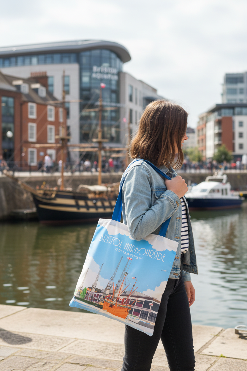 Bristol Harbourside The Matthew tote bag lifestyle shot along the harbourside