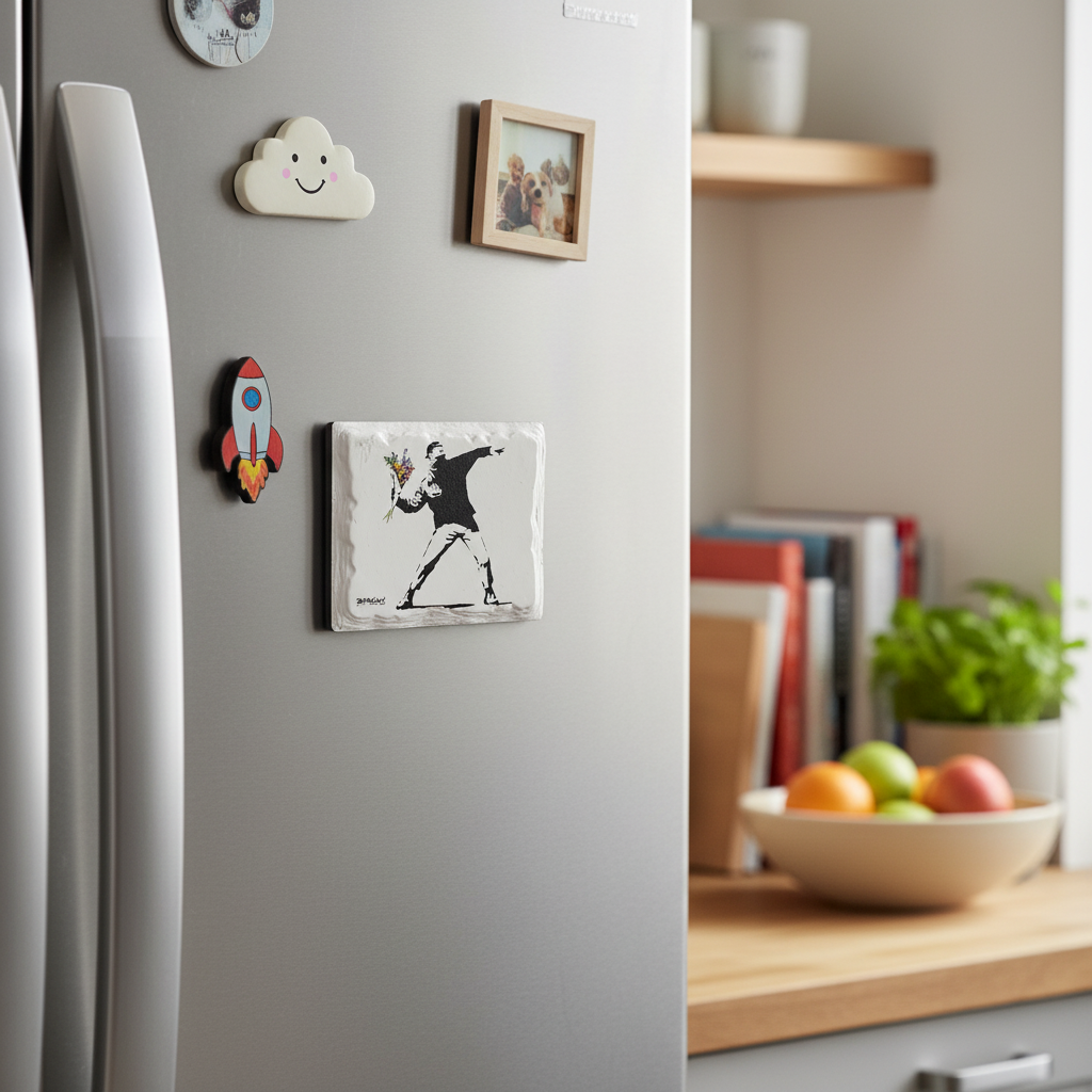 Banksy Love is in the Air Flower Thrower ceramic fridge magnet lifestyle shot on kitchen fridge