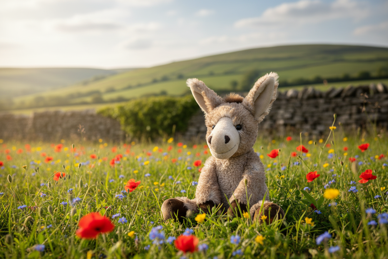 Wrendale Giant Jack Donkey plush soft toy sitting in a British countryside meadow with rolling hills and a stone wall