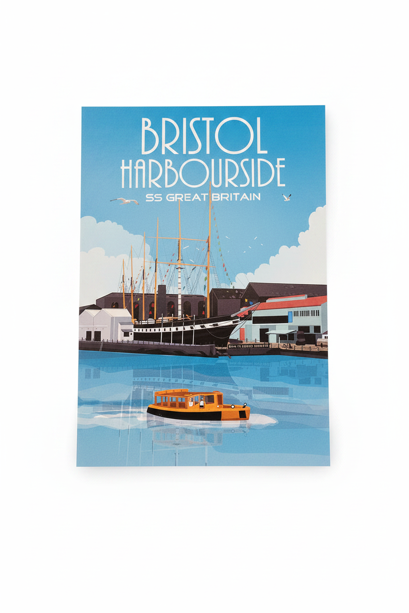 Bristol Harbourside SS Great Britain retro travel poster postcard on white background
