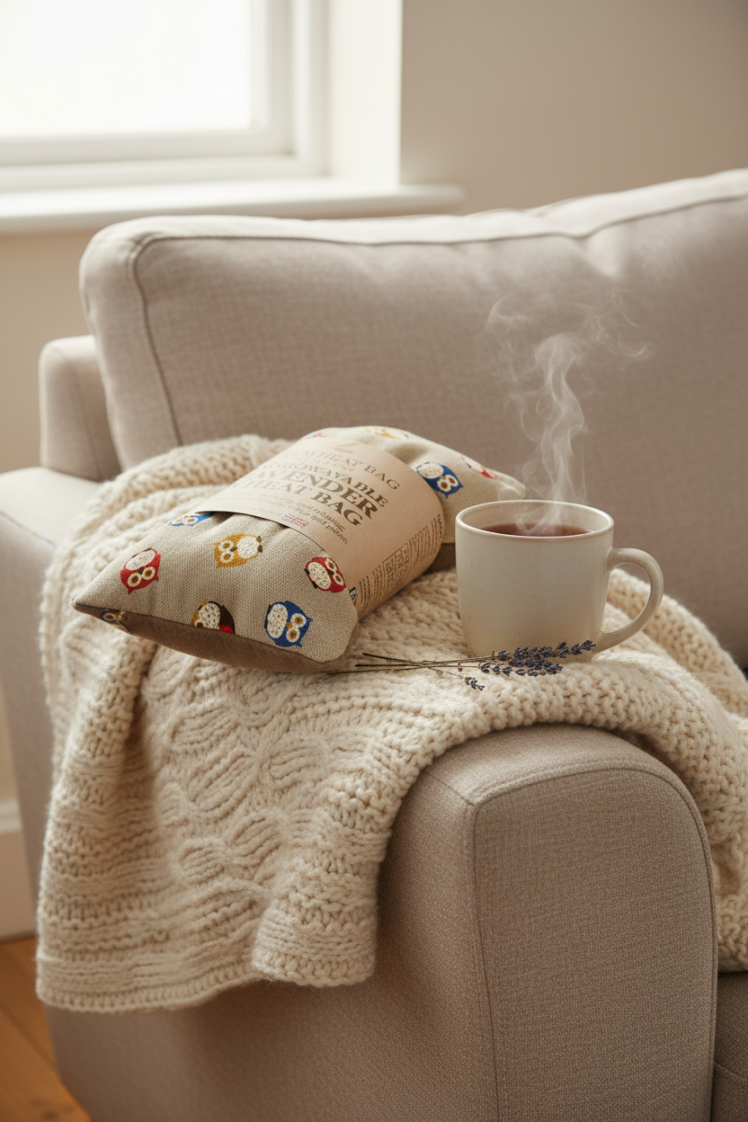 Owl print microwavable lavender wheat bag lifestyle cosy sofa setting