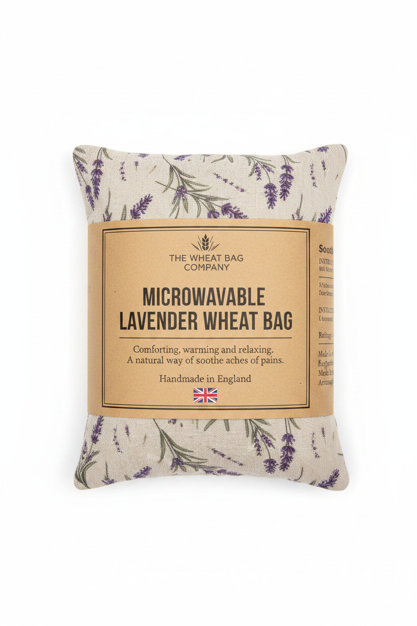 Lavender sprig print microwavable lavender wheat bag flat lay on white background
