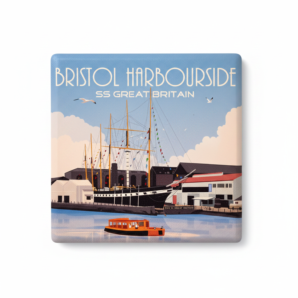 Bristol Harbourside SS Great Britain ceramic fridge magnet flat lay on white background
