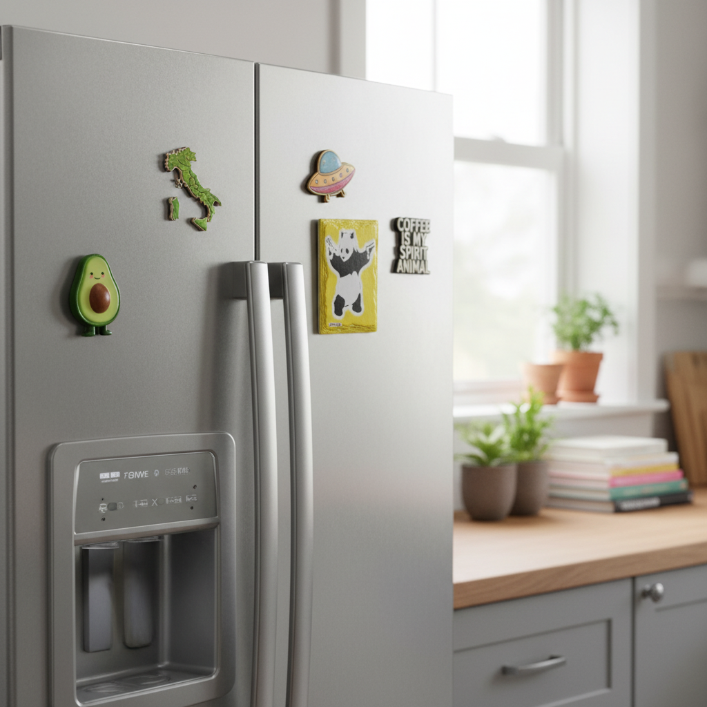 Banksy Panda with Guns ceramic fridge magnet lifestyle shot on kitchen fridge