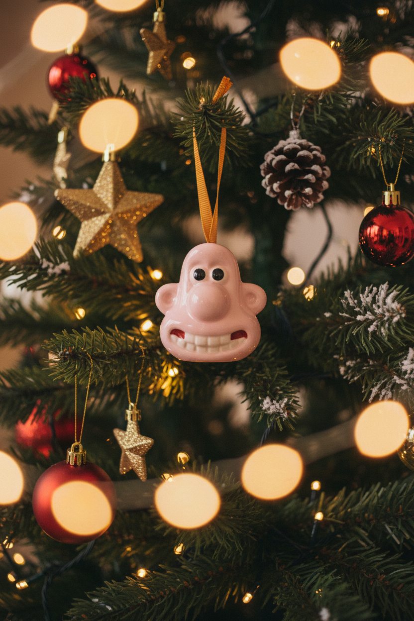 Aardman Wallace ceramic hanging decoration on a Christmas tree
