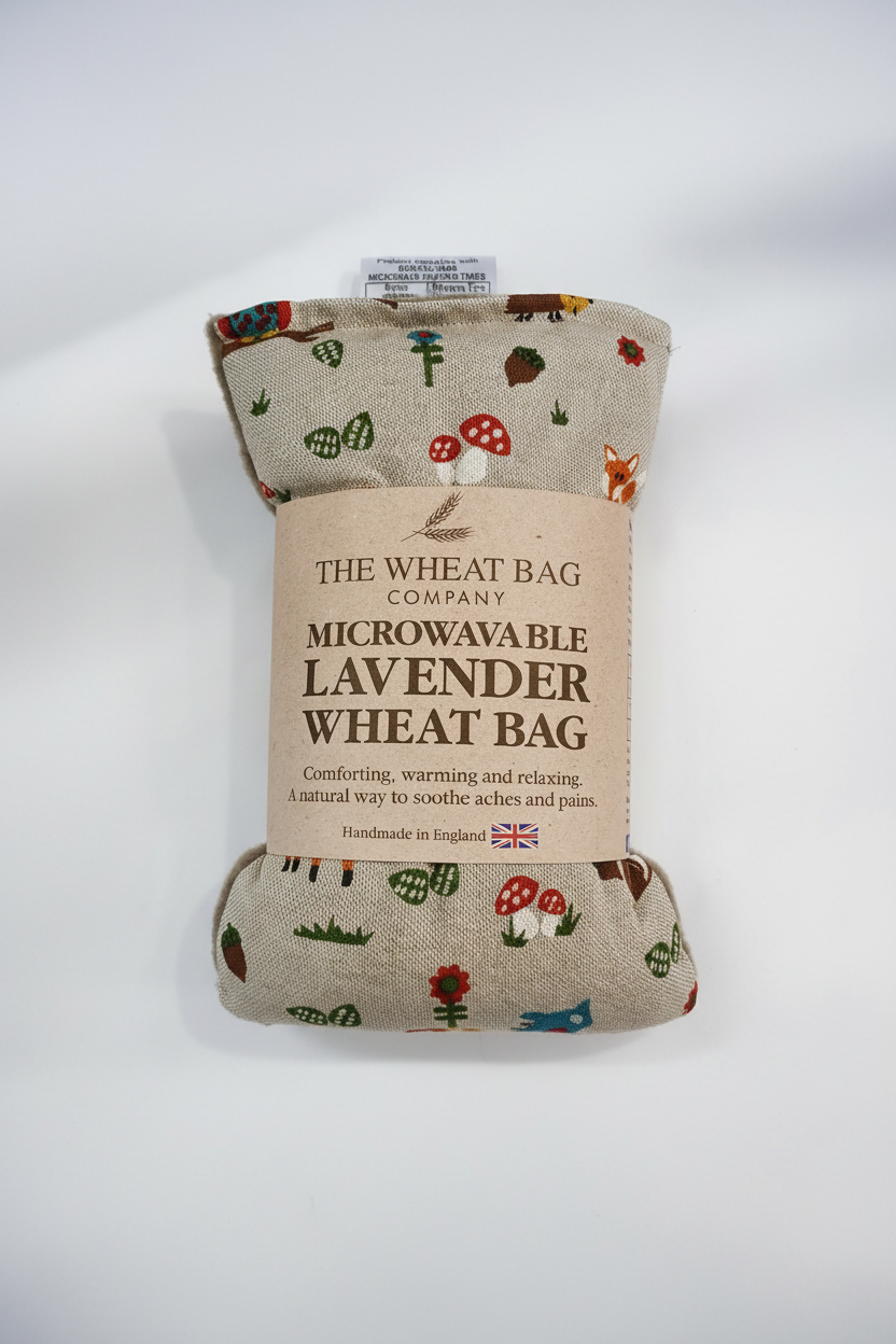 Woodland print microwavable lavender wheat bag flat lay on white background