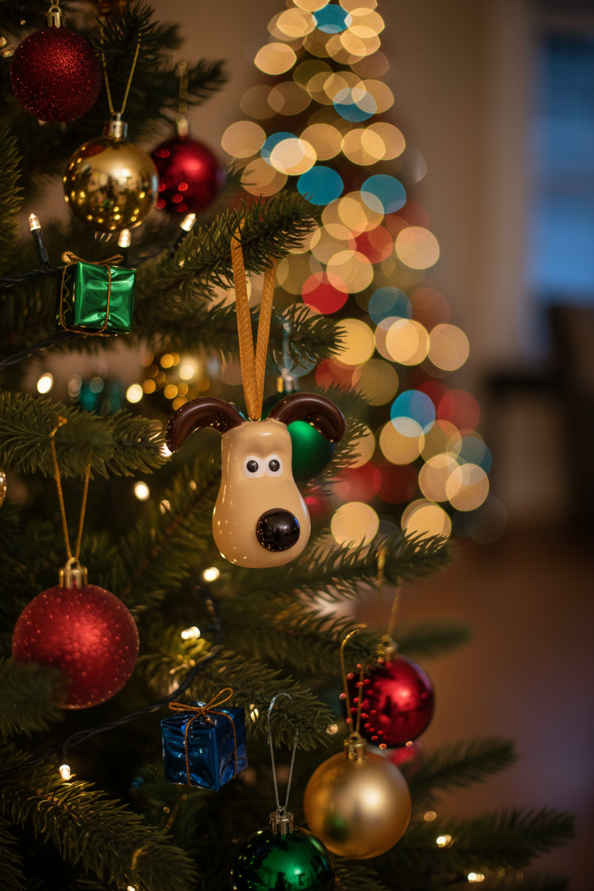 Aardman Gromit ceramic hanging decoration on a Christmas tree