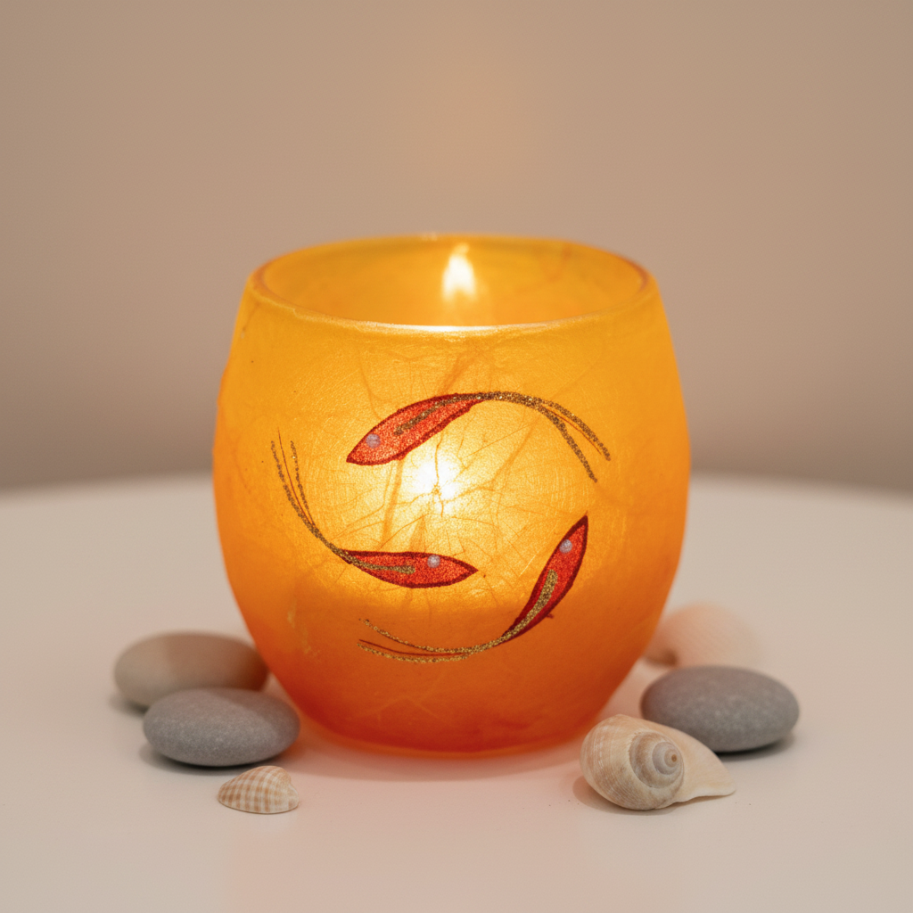 Strawsilk frosted glass orange fish votive tealight holder glowing warmly with lit candle inside