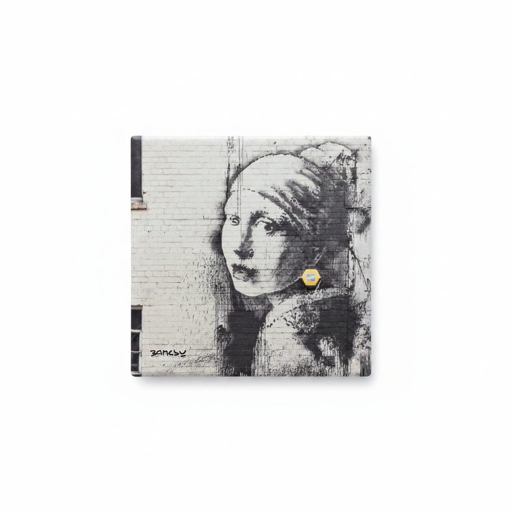 Banksy Girl with Burst Eardrum ceramic coaster flat lay on white background