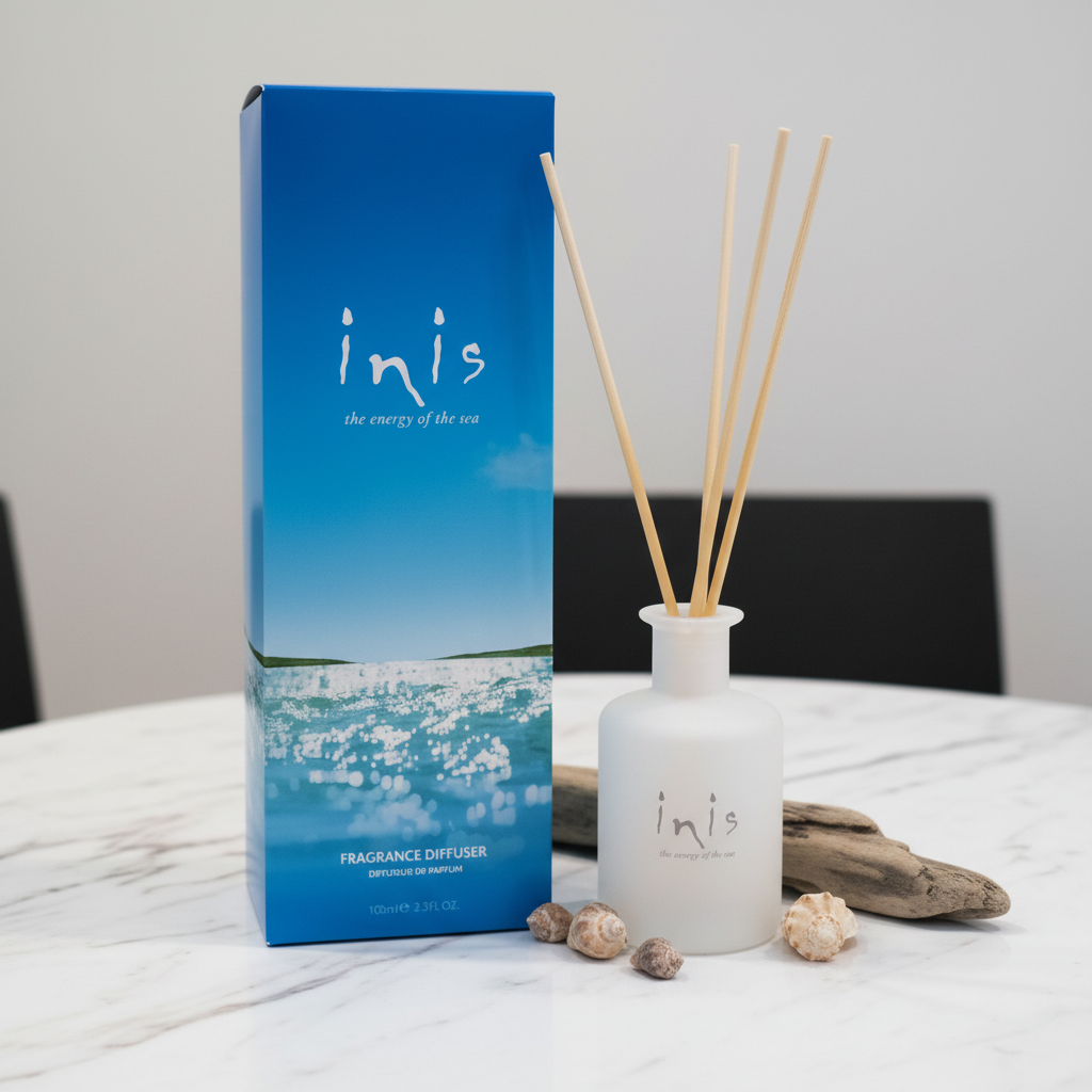 Inis Energy of the Sea Fragrance Reed Diffuser 100ml — box and glass diffuser bottle with reeds on marble surface