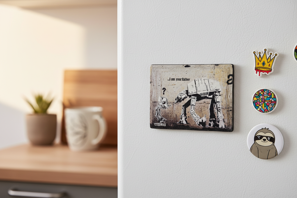 Banksy I Am Your Father ceramic fridge magnet lifestyle shot on kitchen fridge