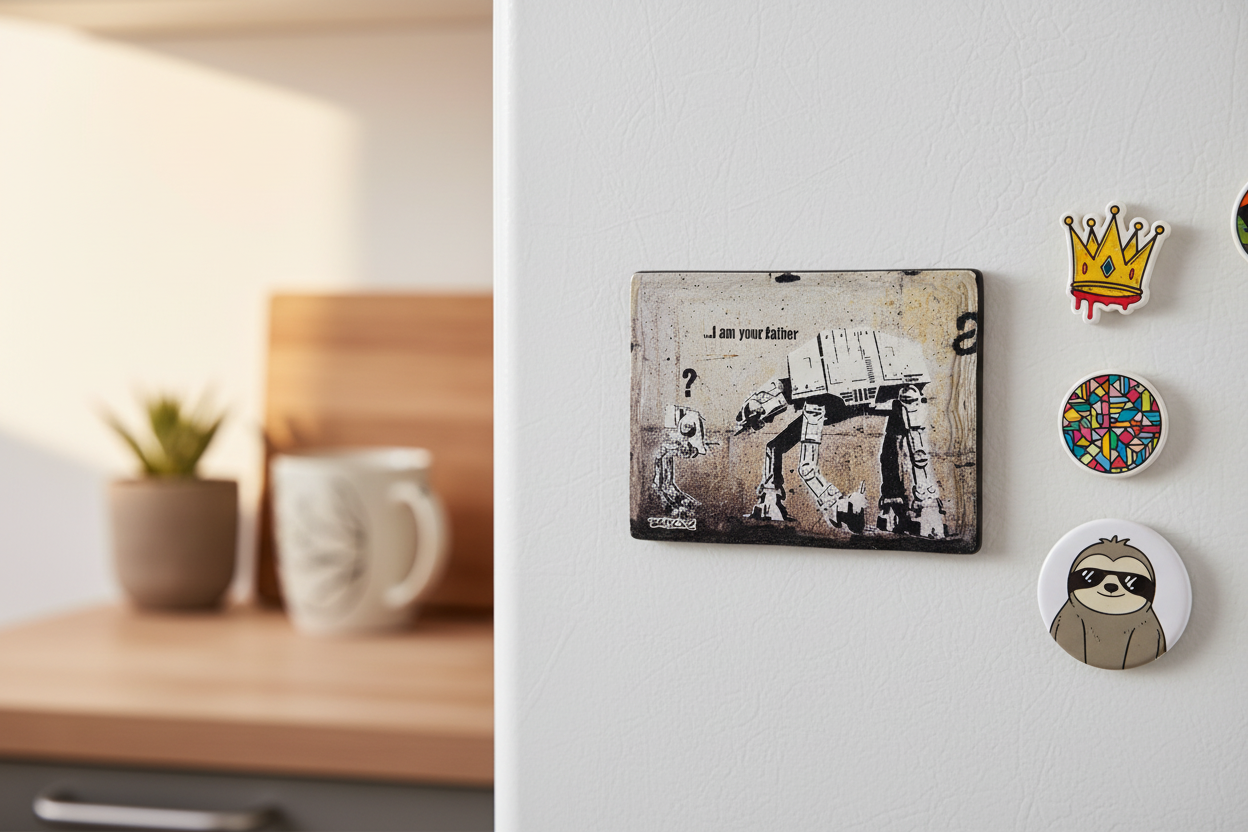 Banksy I Am Your Father ceramic fridge magnet lifestyle shot on kitchen fridge